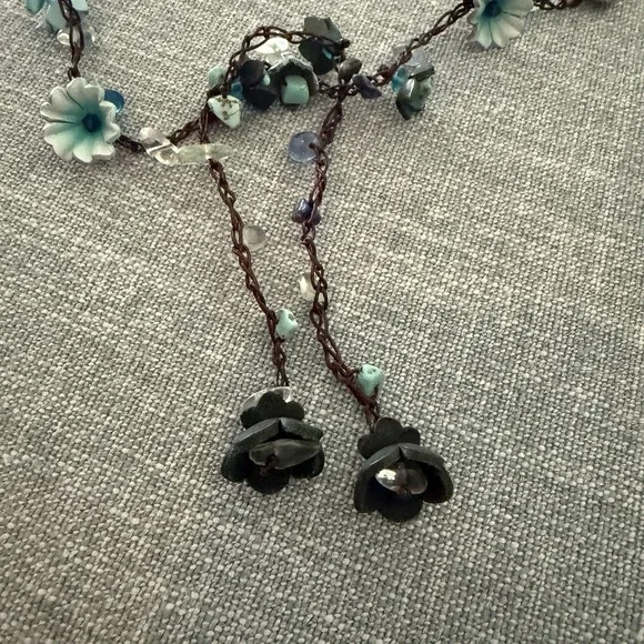 Boho Chic Turquoise Daisy Floral Mix Stone Genuine Leather Lariat Wrap Necklace - Picture 5 of 7